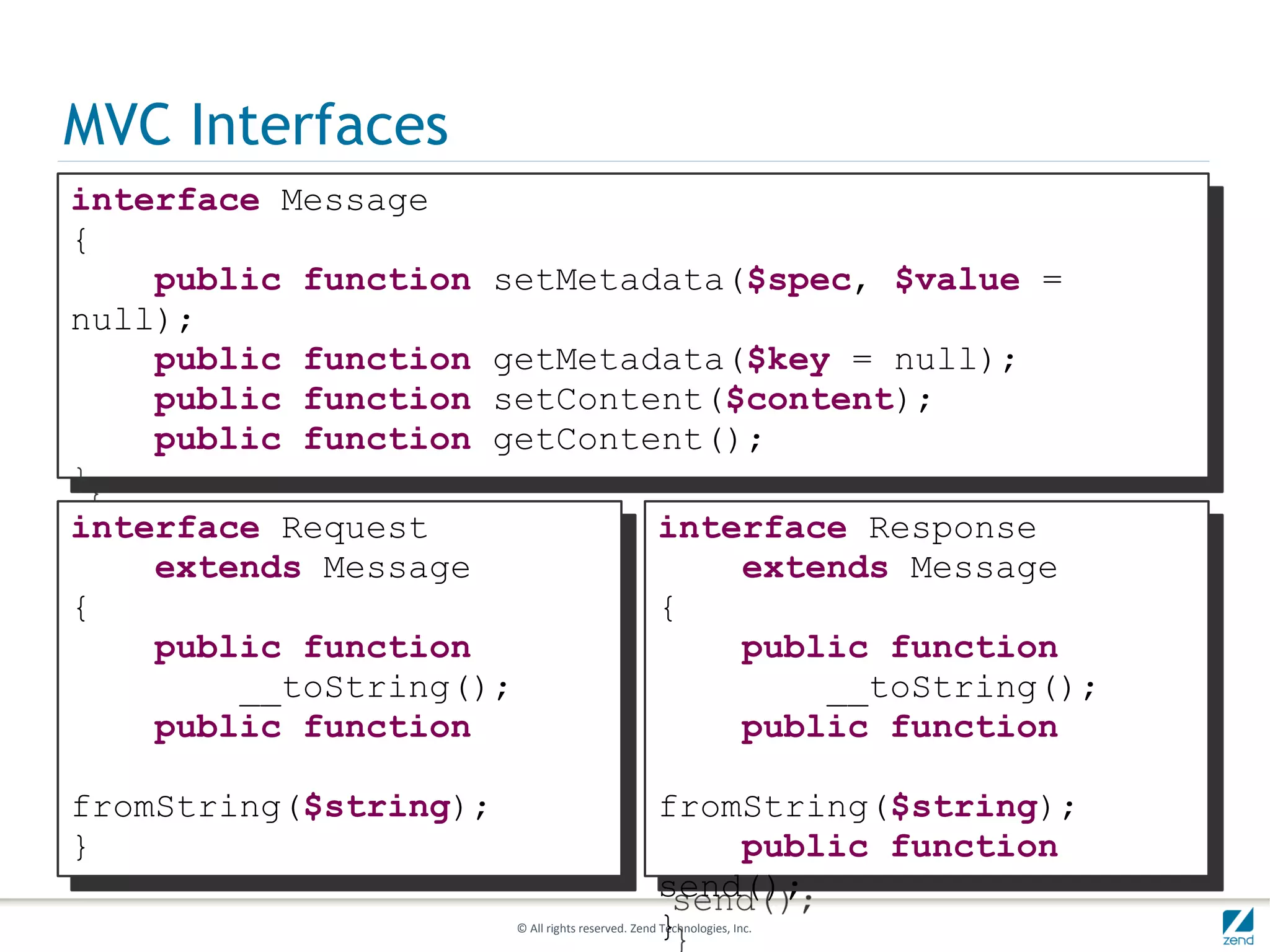 MVC Interfaces
interface Message
{
    public function setMetadata($spec, $value =
null);
    public function getMetadata($key = null);
    public function setContent($content);
    public function getContent();
}
interface Request           interface Response
    extends Message             extends Message
{                           {
    public function             public function
        __toString();               __toString();
    public function             public function

fromString($string);                              fromString($string);
}                                                     public function
                                                  send();
                                                  }
                       © All rights reserved. Zend Technologies, Inc.
 