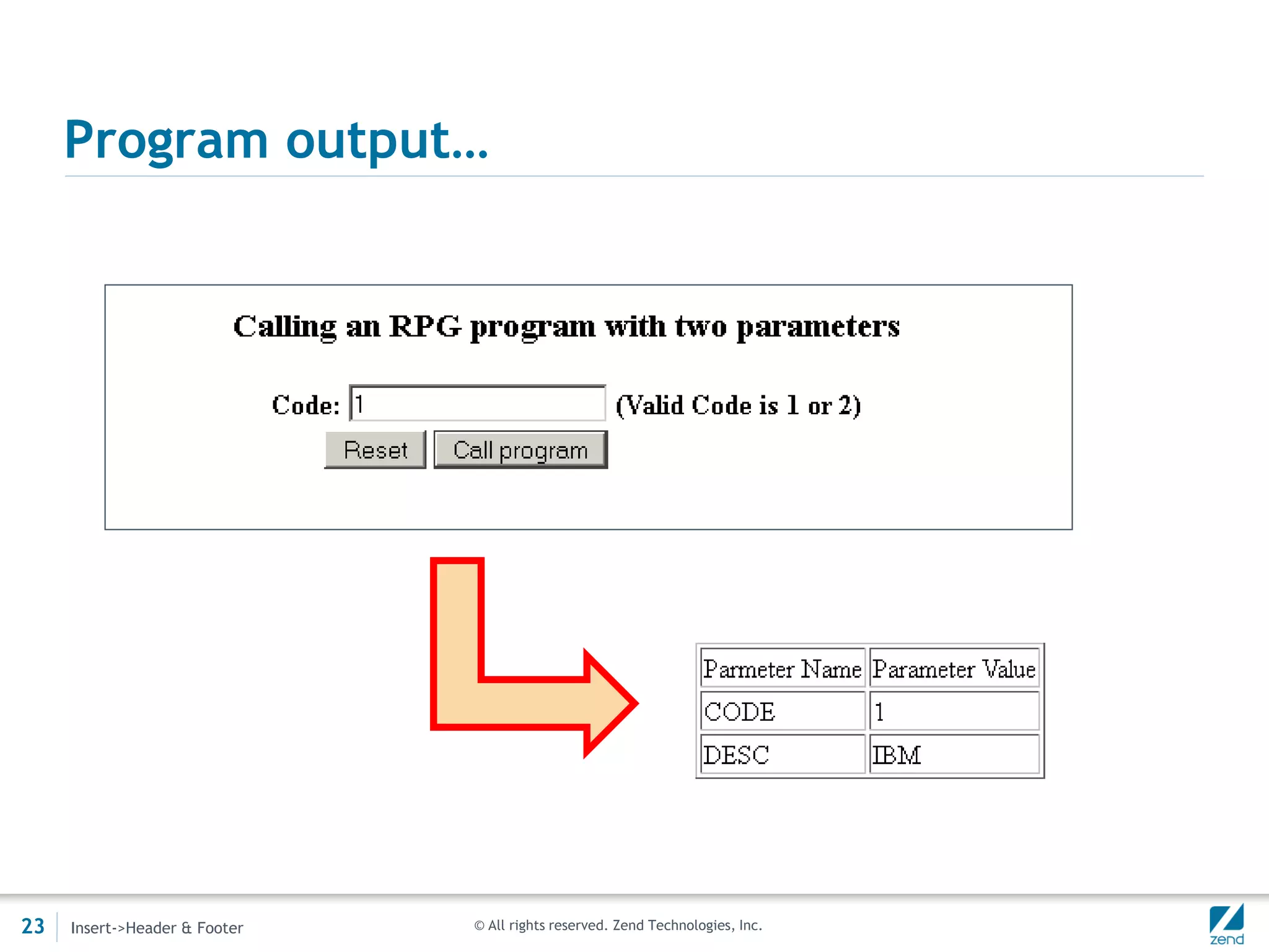 Program output…




23   Insert->Header & Footer   © All rights reserved. Zend Technologies, Inc.
 