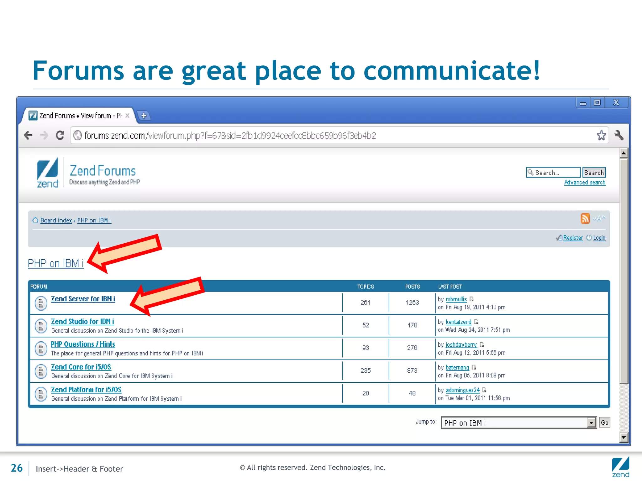 Forums are great place to communicate!




26   Insert->Header & Footer   © All rights reserved. Zend Technologies, Inc.
 