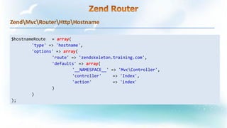 ZendMvcRouterHttpHostname
$hostnameRoute = array(
'type' => 'hostname',
'options' => array(
'route' => 'zendskeleton.training.com',
'defaults' => array(
'__NAMESPACE__' => 'MvcController',
'controller' => 'Index',
'action' => 'index'
)
)
);
 