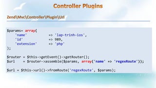 ZendMvcControllerPluginUrl
$params= array(
'name' => 'lap-trinh-ios',
'id' => 989,
'extension' => 'php'
);
$router = $this->getEvent()->getRouter();
$url = $router->assemble($params, array('name' => 'regexRoute'));
$url = $this->url()->fromRoute('regexRoute', $params);
 