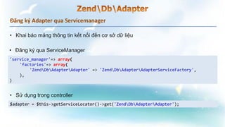 Đăng ký Adapter qua Servicemanager
'service_manager'=> array(
'factories'=> array(
'ZendDbAdapterAdapter' => 'ZendDbAdapterAdapterServiceFactory',
),
)
$adapter = $this->getServiceLocator()->get('ZendDbAdapterAdapter');
 
