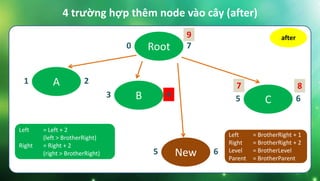 Root0 7
B3 4
C5 6
New5 6
A1 2
4 trường hợp thêm node vào cây (after)
after
7 8
9
Left = Left + 2
(left > BrotherRight)
Right = Right + 2
(right > BrotherRight)
Left = BrotherRight + 1
Right = BrotherRight + 2
Level = BrotherLevel
Parent = BrotherParent
 