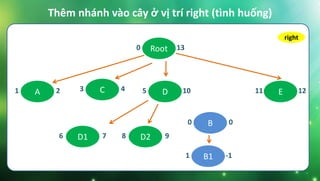 Thêm nhánh vào cây ở vị trí right (tình huống)
Root0 13
C3 4 E11 12D5 10A1 2
B0 0
B11 -1
D16 7 D28 9
right
 