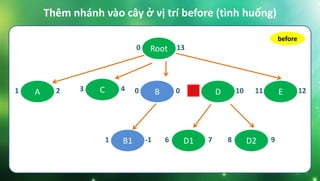 Thêm nhánh vào cây ở vị trí before (tình huống)
Root0 13
C3 4 E11 12D5 10A1 2 B0 0
B11 -1 D16 7 D28 9
before
 
