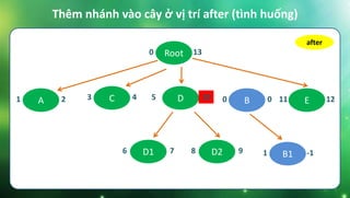 Thêm nhánh vào cây ở vị trí after (tình huống)
Root0 13
C3 4 E11 12D5 10A1 2 B0 0
B11 -1D16 7 D28 9
after
 