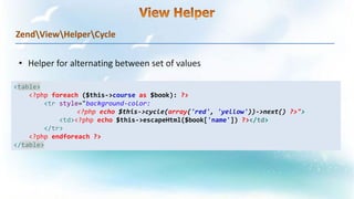 ZendViewHelperCycle
<table>
<?php foreach ($this->course as $book): ?>
<tr style="background-color:
<?php echo $this->cycle(array('red', 'yellow'))->next() ?>">
<td><?php echo $this->escapeHtml($book['name']) ?></td>
</tr>
<?php endforeach ?>
</table>
 