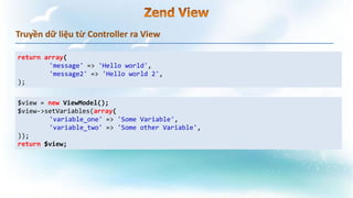 Truyền dữ liệu từ Controller ra View
return array(
'message' => 'Hello world',
'message2' => 'Hello world 2',
);
$view = new ViewModel();
$view->setVariables(array(
'variable_one' => 'Some Variable',
'variable_two' => 'Some other Variable',
));
return $view;
 