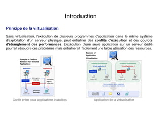 Introduction
Principe de la virtualisation
Sans virtualisation, l'exécution de plusieurs programmes d'application dans le même système
d'exploitation d'un serveur physique, peut entraîner des conflits d'exécution et des goulots
d'étranglement des performances. L'exécution d'une seule application sur un serveur dédié
pourrait résoudre ces problèmes mais entraînerait facilement une faible utilisation des ressources.
Conflit entre deux applications installées Application de la virtualisation
 