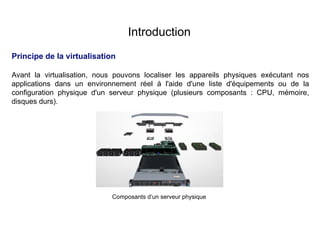 Introduction
Principe de la virtualisation
Avant la virtualisation, nous pouvons localiser les appareils physiques exécutant nos
applications dans un environnement réel à l'aide d'une liste d'équipements ou de la
configuration physique d'un serveur physique (plusieurs composants : CPU, mémoire,
disques durs).
Composants d’un serveur physique
 