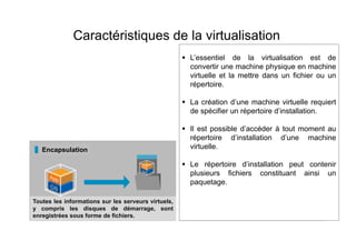Caractéristiques de la virtualisation
Partionnement Isolation
Encapsulation Indépendance du matériel
Plusieurs machine virtuelles fonctionnent
simultanément sur une seule machine physique
Les serveurs virtuels s'exécutant sur un serveur
physique sont séparés en toute sécurité et n'affectent
Toutes les informations sur les serveurs virtuels,
y compris les disques de démarrage, sont
enregistrées sous forme de fichiers.
Les serveurs virtuels fonctionnent tels quels après la
migration vers différentes plates-formes matérielles.
 L’essentiel de la virtualisation est de
convertir une machine physique en machine
virtuelle et la mettre dans un fichier ou un
répertoire.
 La création d’une machine virtuelle requiert
de spécifier un répertoire d’installation.
 Il est possible d’accéder à tout moment au
répertoire d’installation d’une machine
virtuelle.
 Le répertoire d’installation peut contenir
plusieurs fichiers constituant ainsi un
paquetage.
 