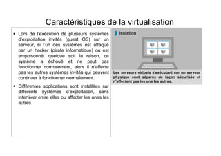 Caractéristiques de la virtualisation
Partionnement Isolation
Encapsulation Indépendance du matériel
Plusieurs machine virtuelles fonctionnent
simultanément sur une seule machine physique
Les serveurs virtuels s'exécutant sur un serveur
physique sont séparés de façon sécurisée et
n'affectent pas les uns les autres.
Toutes les informations sur les serveurs virtuels, y
compris les disques de démarrage, sont enregistrées
sous forme de fichier.
Les serveurs virtuels fonctionnent tels quels après la
migration vers différentes plates-formes matérielles.
 Lors de l’exécution de plusieurs systèmes
d’exploitation invités (guest OS) sur un
serveur, si l’un des systèmes est attaqué
par un hacker (pirate informatique) ou est
empoisonné, quelque soit la raison, ce
système a échoué et ne peut pas
fonctionner normalement, alors il n’affecte
pas les autres systèmes invités qui peuvent
continuer à fonctionner normalement.
 Différentes applications sont installées sur
différents systèmes d’exploitation, sans
interférer entre elles ou affecter les unes les
autres.
 