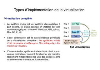 Virtualisation complète
• Le système invité est un système d’exploitation à
part entière, tel qu’on pourrait en installer sur une
machine physique : Microsoft Windows, GNU/Linux,
Mac OS X, etc.
• Cette particularité est la caractéristique principale
de la virtualisation complète : les systèmes invités
n’ont pas à être modifiés pour être utilisés dans les
machines virtuelles.
• L'ensemble des systèmes invités s'exécutant sur un
unique ordinateur, peuvent fonctionner de manière
totalement indépendante les uns des autres et être
vu comme des ordinateurs à part entière.
Types d’implémentation de la virtualisation
 