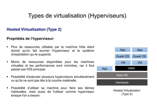 Hosted Virtualization (Type 2)
Propriétés de l’hyperviseur:
 Plus de ressources utilisées par la machine hôte étant
donné qu’on fait tourner l’hyperviseur et le système
d’exploitation qui le supporte.
 Moins de ressources disponibles pour les machines
virtuelles et les performances sont moindres, car il faut
passer par l'OS principal.
 Possibilité d’exécuter plusieurs hyperviseurs simultanément
vu qu’ils ne sont pas liés à la couche matérielle.
 Possibilité d’utiliser sa machine pour faire ses tâches
habituelles, mais aussi de l'utiliser comme hyperviseur
lorsque l'on a besoin.
Types de virtualisation (Hyperviseurs)
App
App App
Guest OS Guest OS
VMM
Hardware
VM VM
Host OS
Hosted Virtualization
(Type 2)
 