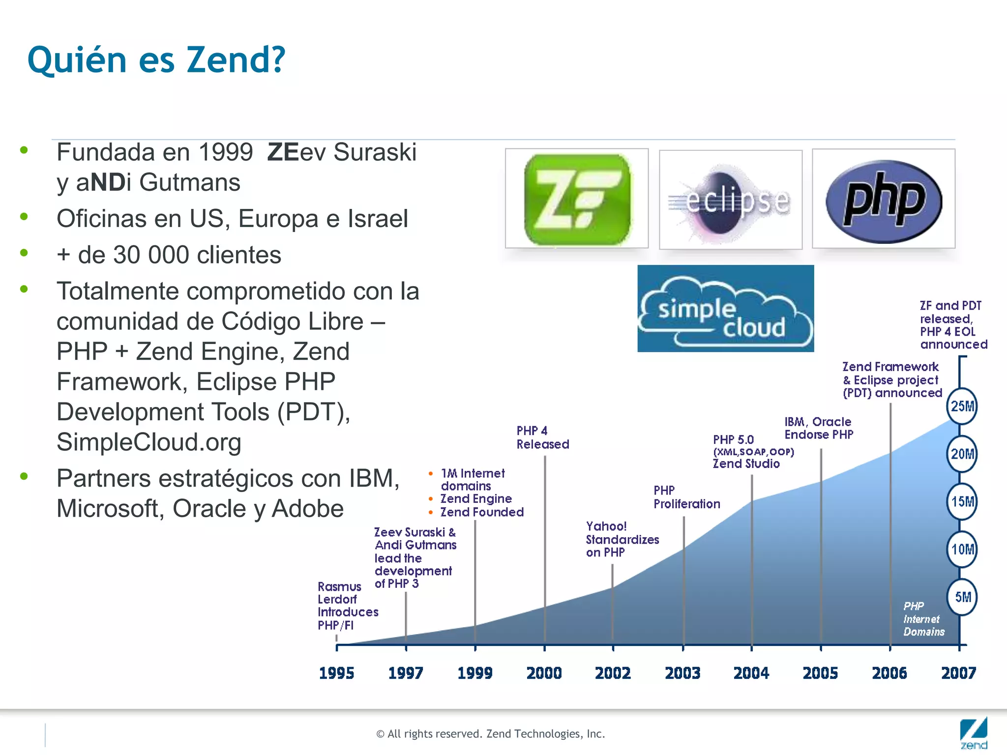 © All rights reserved. Zend Technologies, Inc.
Quién es Zend?
• Fundada en 1999 ZEev Suraski
y aNDi Gutmans
• Oficinas en US, Europa e Israel
• + de 30 000 clientes
• Totalmente comprometido con la
comunidad de Código Libre –
PHP + Zend Engine, Zend
Framework, Eclipse PHP
Development Tools (PDT),
SimpleCloud.org
• Partners estratégicos con IBM,
Microsoft, Oracle y Adobe
 