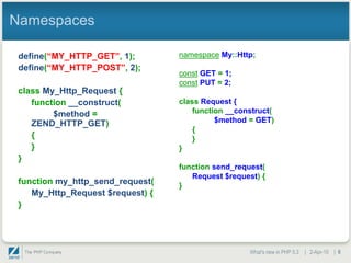Namespaces

 define(“MY_HTTP_GET”, 1);        namespace My::Http;
 define(“MY_HTTP_POST”, 2);
                                  const GET = 1;
                                  const PUT = 2;
 class My_Http_Request {
    function __construct(         class Request {
         $method =                    function __construct(
    ZEND_HTTP_GET)                          $method = GET)
                                      {
    {                                 }
    }                             }
 }
                                  function send_request(
                                     Request $request) {
 function my_http_send_request(   }
    My_Http_Request $request) {
 }




                                                    What's new in PHP 5.3 | 2-Apr-10 | 6
 