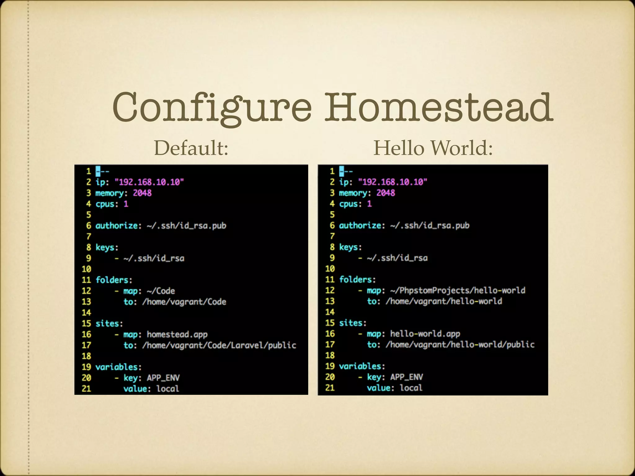 Configure Homestead Default: Hello World: 
