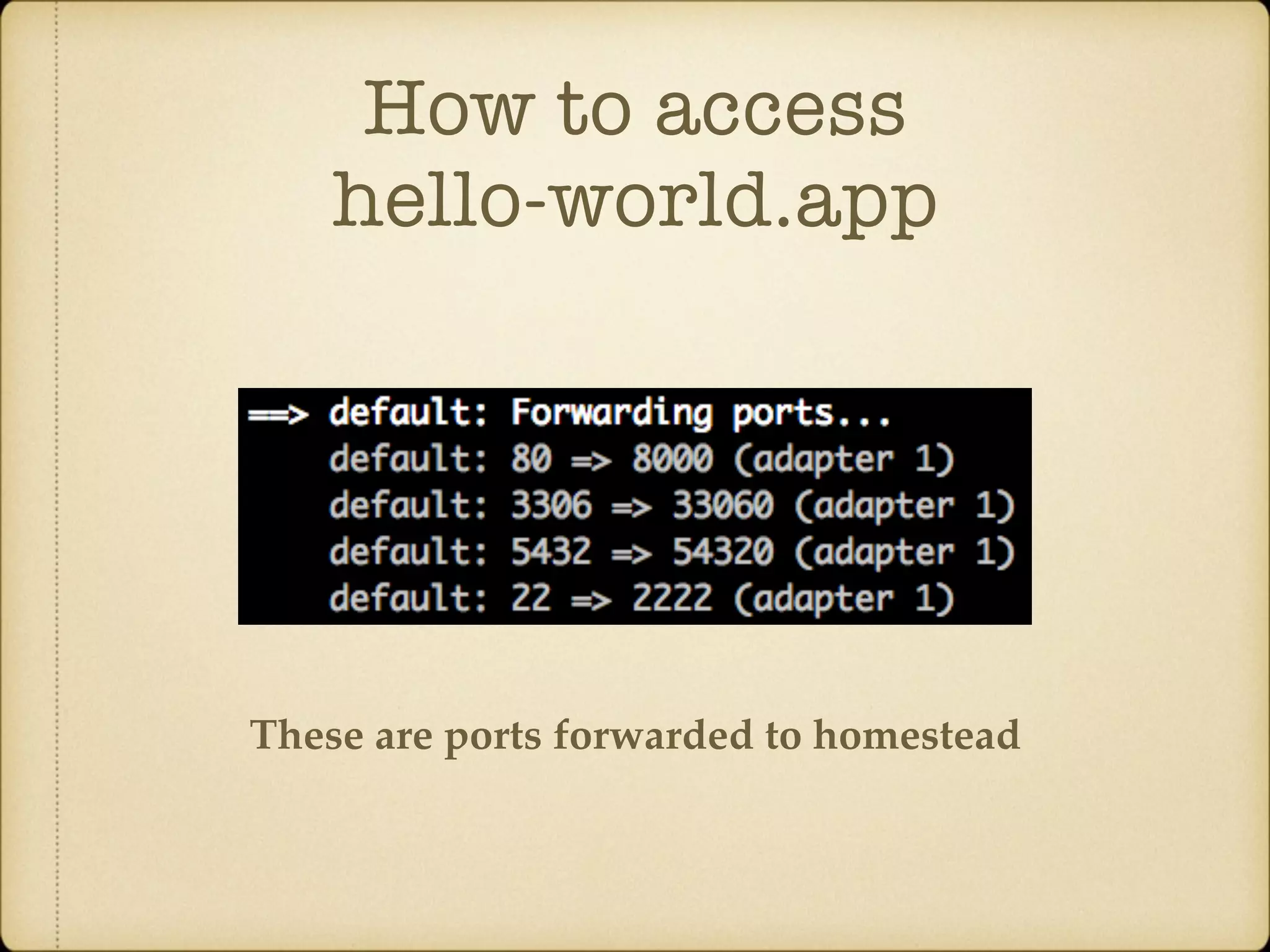 How to access hello-world.app These are ports forwarded to homestead 