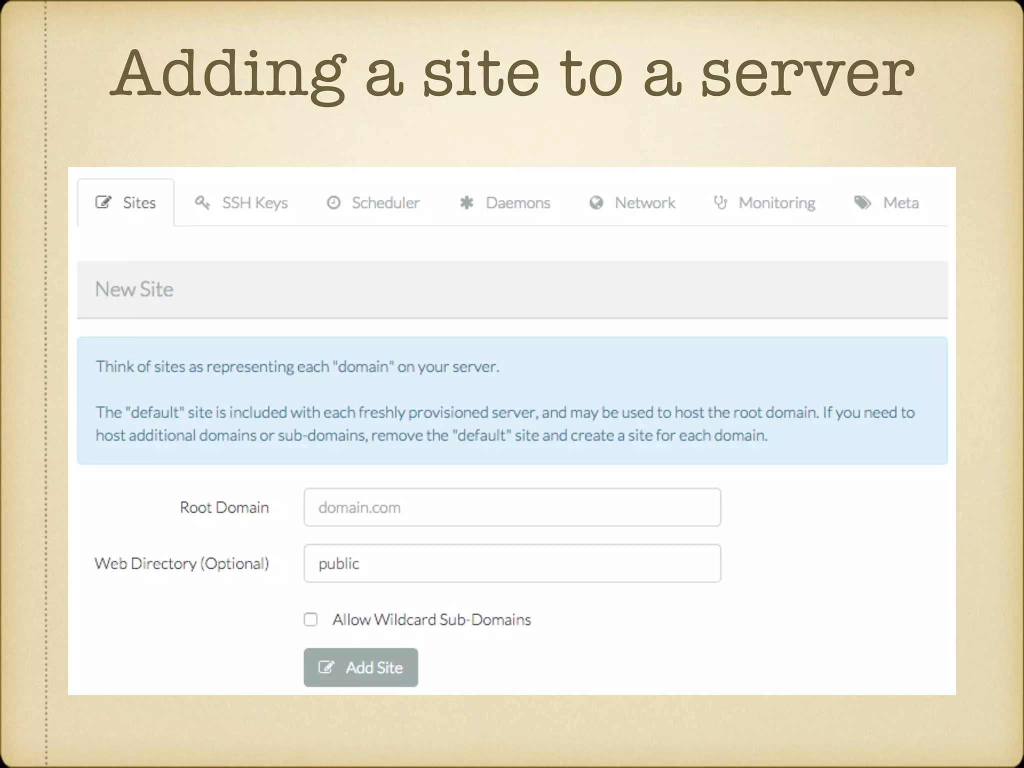 Adding a site to a server 