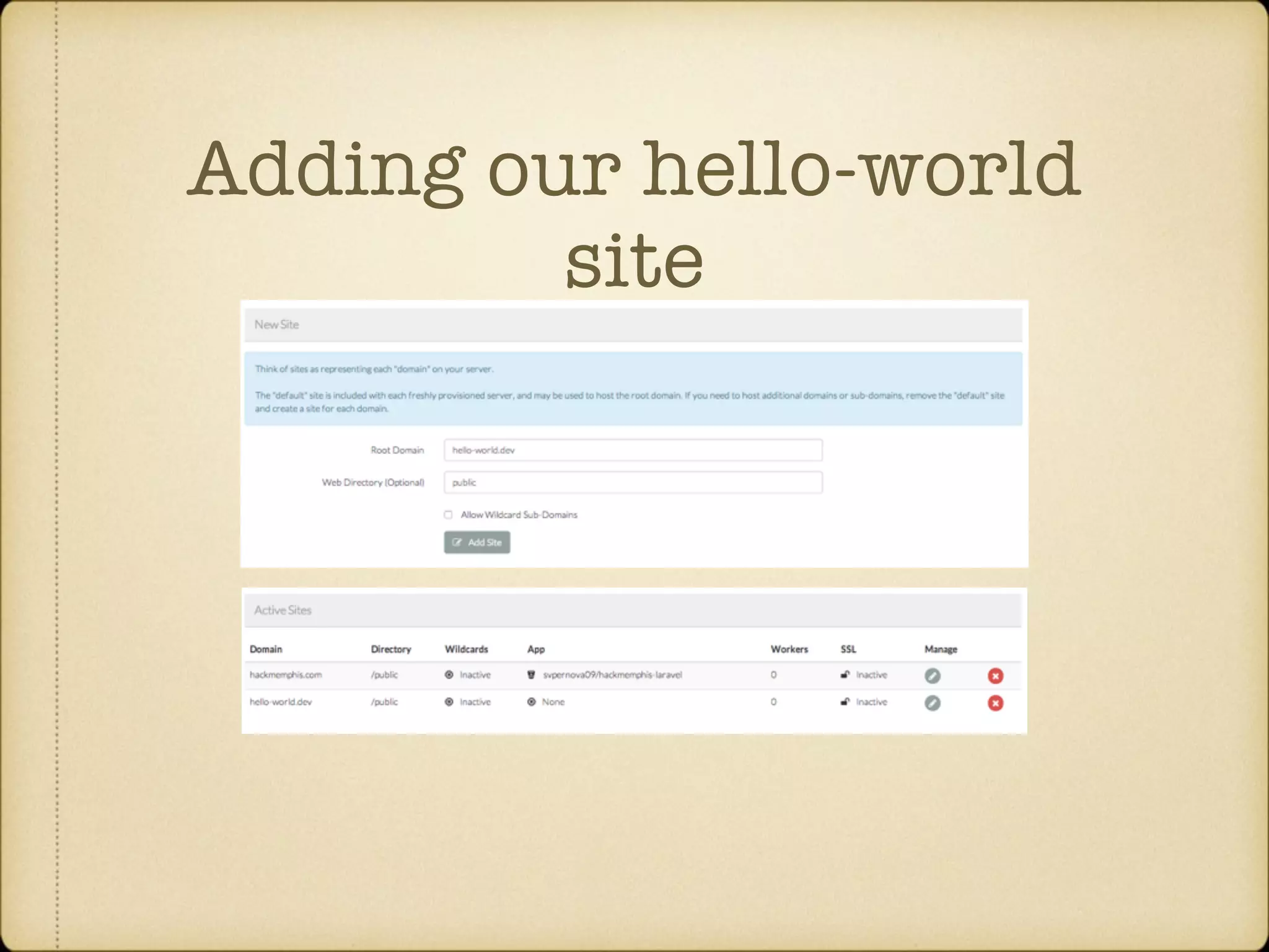Adding our hello-world site 