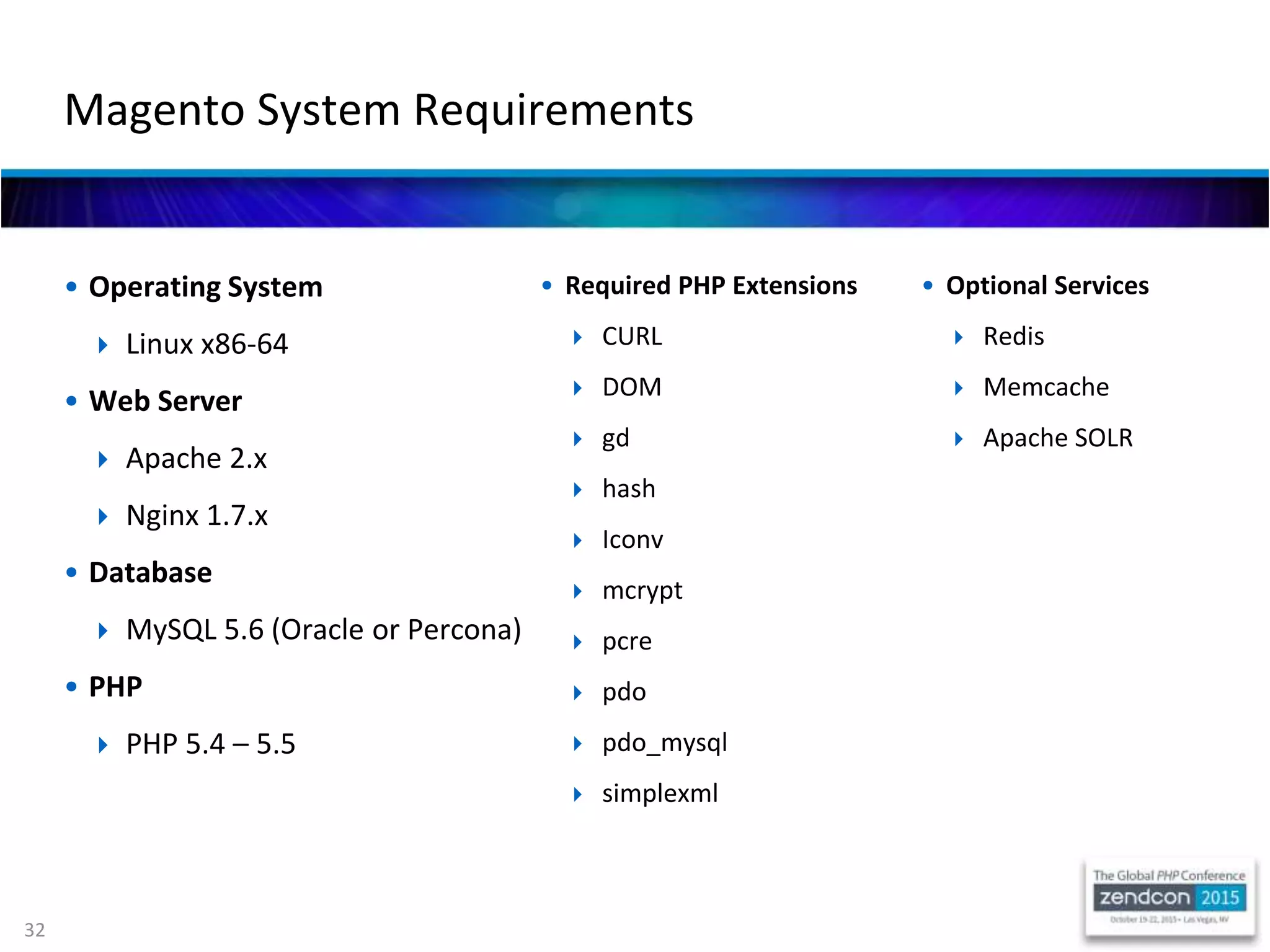 32
• Operating System
 Linux x86-64
• Web Server
 Apache 2.x
 Nginx 1.7.x
• Database
 MySQL 5.6 (Oracle or Percona)
• PHP
 PHP 5.4 – 5.5
Magento System Requirements
• Optional Services
 Redis
 Memcache
 Apache SOLR
• Required PHP Extensions
 CURL
 DOM
 gd
 hash
 Iconv
 mcrypt
 pcre
 pdo
 pdo_mysql
 simplexml
 