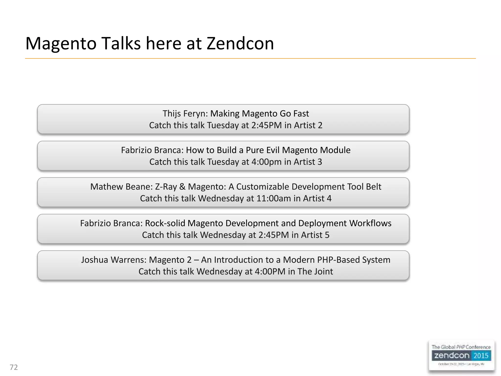 72
Magento Talks here at Zendcon
Thijs Feryn: Making Magento Go Fast
Catch this talk Tuesday at 2:45PM in Artist 2
Fabrizio Branca: How to Build a Pure Evil Magento Module
Catch this talk Tuesday at 4:00pm in Artist 3
Mathew Beane: Z-Ray & Magento: A Customizable Development Tool Belt
Catch this talk Wednesday at 11:00am in Artist 4
Fabrizio Branca: Rock-solid Magento Development and Deployment Workflows
Catch this talk Wednesday at 2:45PM in Artist 5
Joshua Warrens: Magento 2 – An Introduction to a Modern PHP-Based System
Catch this talk Wednesday at 4:00PM in The Joint
 