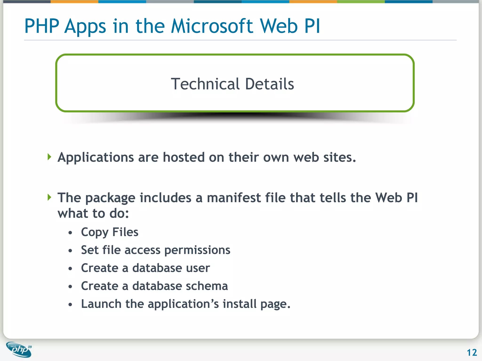 PHP Apps in the Microsoft Web PI Applications are hosted on their own web sites. The package includes a manifest file that tells the Web PI what to do: Copy Files Set file access permissions Create a database user Create a database schema Launch the application’s install page. Technical Details 
