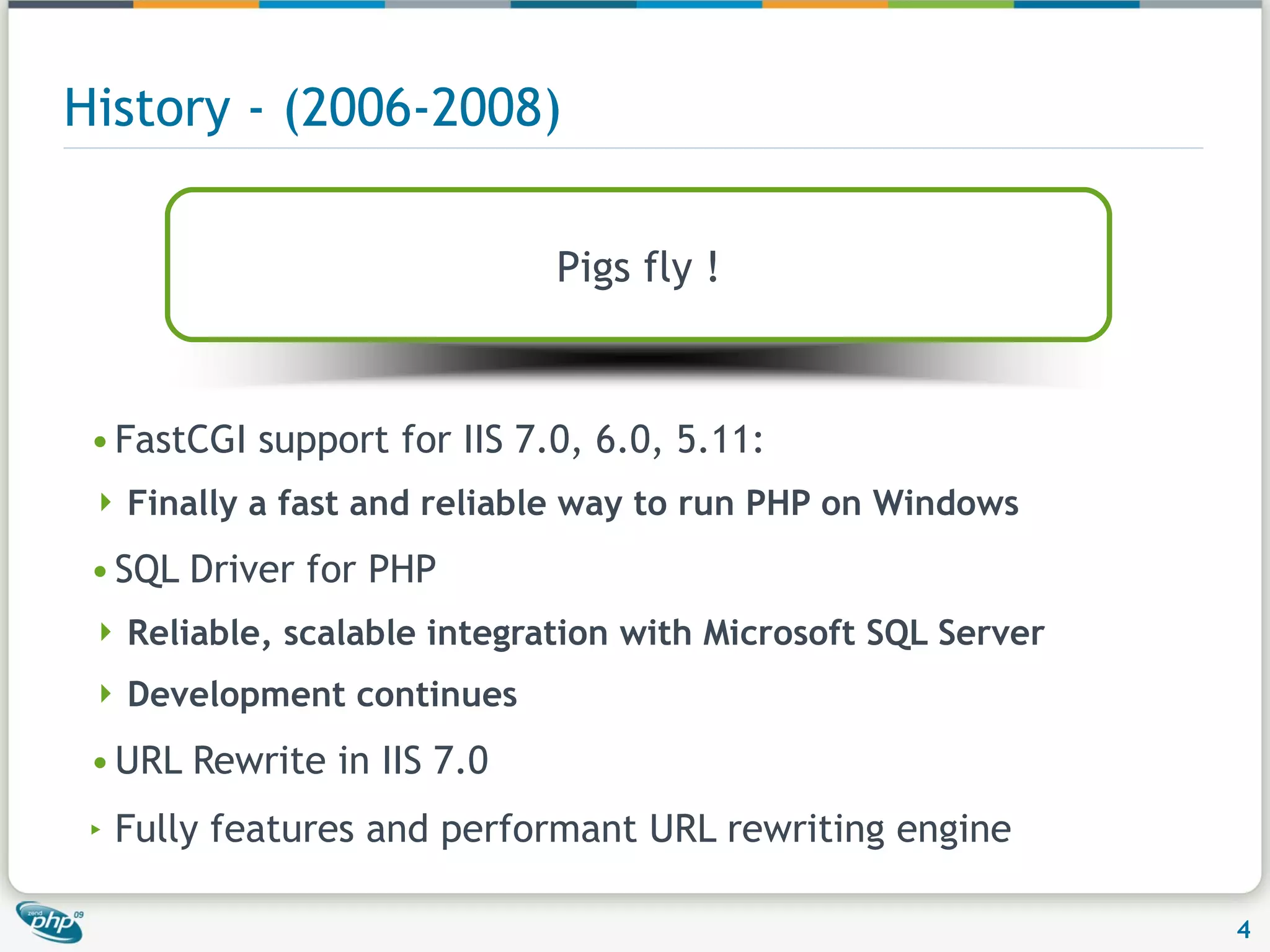 History - (2006-2008) FastCGI support for IIS 7.0, 6.0, 5.11: Finally a fast and reliable way to run PHP on Windows SQL Driver for PHP Reliable, scalable integration with Microsoft SQL Server Development continues URL Rewrite in IIS 7.0 Fully features and performant URL rewriting engine Pigs fly ! 