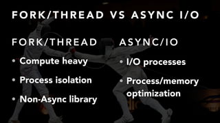 F O R K / T H R E A D V S A S Y N C I / O
• Compute heavy
• Process isolation
• Non-Async library
• I/O processes
• Process/memory
optimization
F O R K / T H R E A D A S Y N C / I O
 