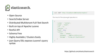 • Open Source
• Search/Index Server
• Distributed Multitenant Full-Text Search
• Built on top of Apache Lucene
• Restful API
• Schema Free
• Highly Available / Clusters Easily
• json Query DSL exposes Lucene’s query
syntax
https://github.com/elastic/elasticsearch
 