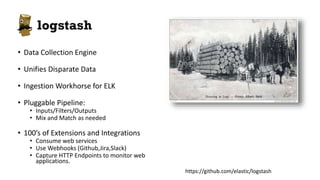 Logstash
• Data Collection Engine
• Unifies Disparate Data
• Ingestion Workhorse for ELK
• Pluggable Pipeline:
• Inputs/Filters/Outputs
• Mix and Match as needed
• 100’s of Extensions and Integrations
• Consume web services
• Use Webhooks (Github,Jira,Slack)
• Capture HTTP Endpoints to monitor web
applications.
https://github.com/elastic/logstash
 