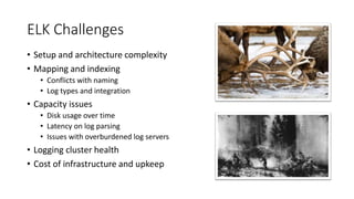 ELK Challenges
• Setup and architecture complexity
• Mapping and indexing
• Conflicts with naming
• Log types and integration
• Capacity issues
• Disk usage over time
• Latency on log parsing
• Issues with overburdened log servers
• Logging cluster health
• Cost of infrastructure and upkeep
 