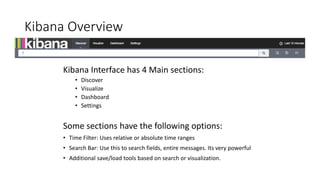 Kibana Overview
Kibana Interface has 4 Main sections:
• Discover
• Visualize
• Dashboard
• Settings
Some sections have the following options:
• Time Filter: Uses relative or absolute time ranges
• Search Bar: Use this to search fields, entire messages. Its very powerful
• Additional save/load tools based on search or visualization.
 