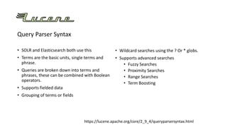 Elasticsearch
Query Parser Syntax
• SOLR and Elasticsearch both use this
• Terms are the basic units, single terms and
phrase.
• Queries are broken down into terms and
phrases, these can be combined with Boolean
operators.
• Supports fielded data
• Grouping of terms or fields
• Wildcard searches using the ? Or * globs.
• Supports advanced searches
• Fuzzy Searches
• Proximity Searches
• Range Searches
• Term Boosting
https://lucene.apache.org/core/2_9_4/queryparsersyntax.html
 