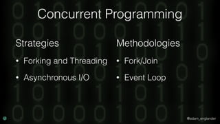 @adam_englander
Concurrent Programming
• Forking and Threading
• Asynchronous I/O
• Fork/Join
• Event Loop
Strategies Methodologies
 