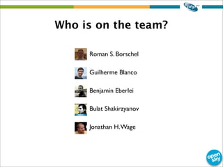 Who is on the team?
• Roman S. Borschel
• Guilherme Blanco
• Benjamin Eberlei
• Bulat Shakirzyanov
• Jonathan H.Wage
 