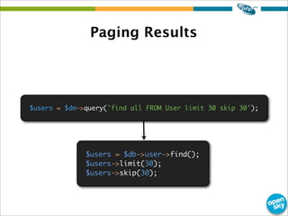 Paging Results
$users = $dm->query('find all FROM User limit 30 skip 30');
$users = $db->user->find();
$users->limit(30);
...
