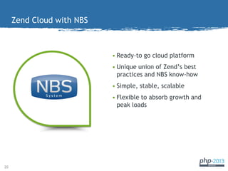 Zend Cloud with NBS

• Ready-to go cloud platform
• Unique union of Zend’s best
practices and NBS know-how

• Simple, stab...
