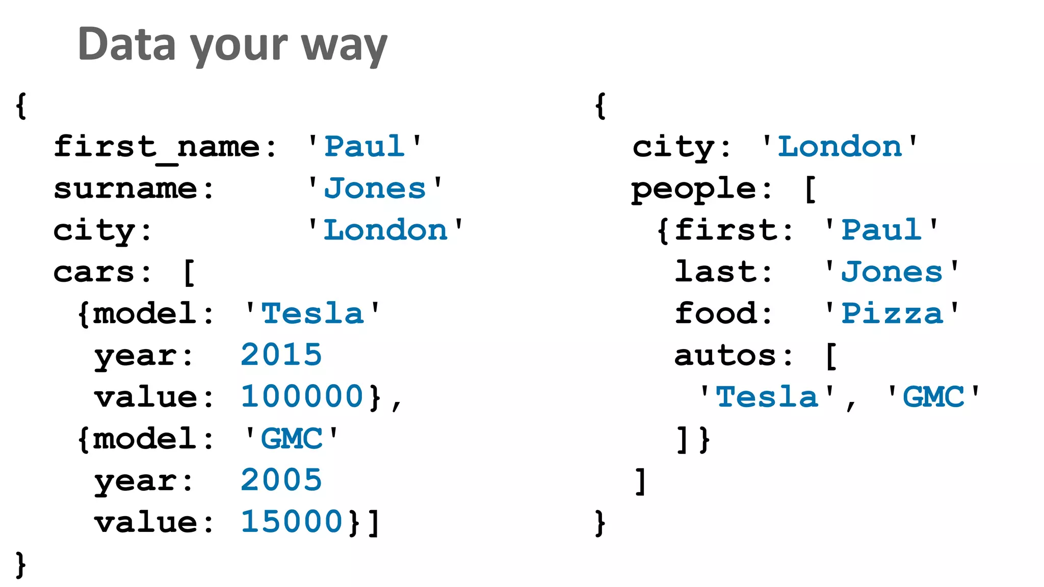 Data your way
{
first_name: 'Paul'
surname: 'Jones'
city: 'London'
cars: [
{model: 'Tesla'
year: 2015
value: 100000},
{model: 'GMC'
year: 2005
value: 15000}]
}
{
city: 'London'
people: [
{first: 'Paul'
last: 'Jones'
food: 'Pizza'
autos: [
'Tesla', 'GMC'
]}
]
}
 