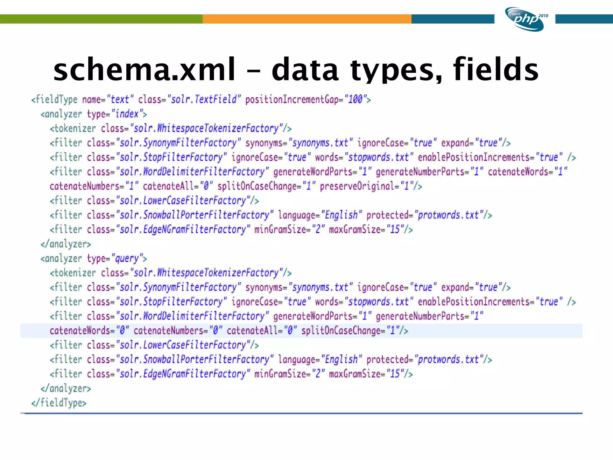 schema.xml – data types, fields 