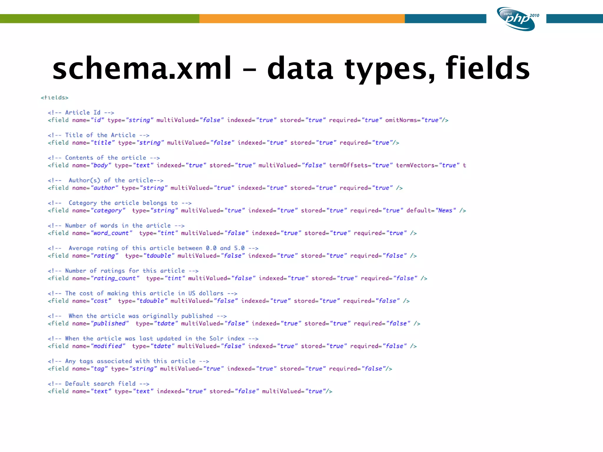 schema.xml – data types, fields 
