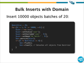 Bulk Inserts with Domain
Insert 10000 objects batches of 20:
$batchSize = 20;
for ($i = 1; $i <= 10000; ++$i) {
$user = ne...
