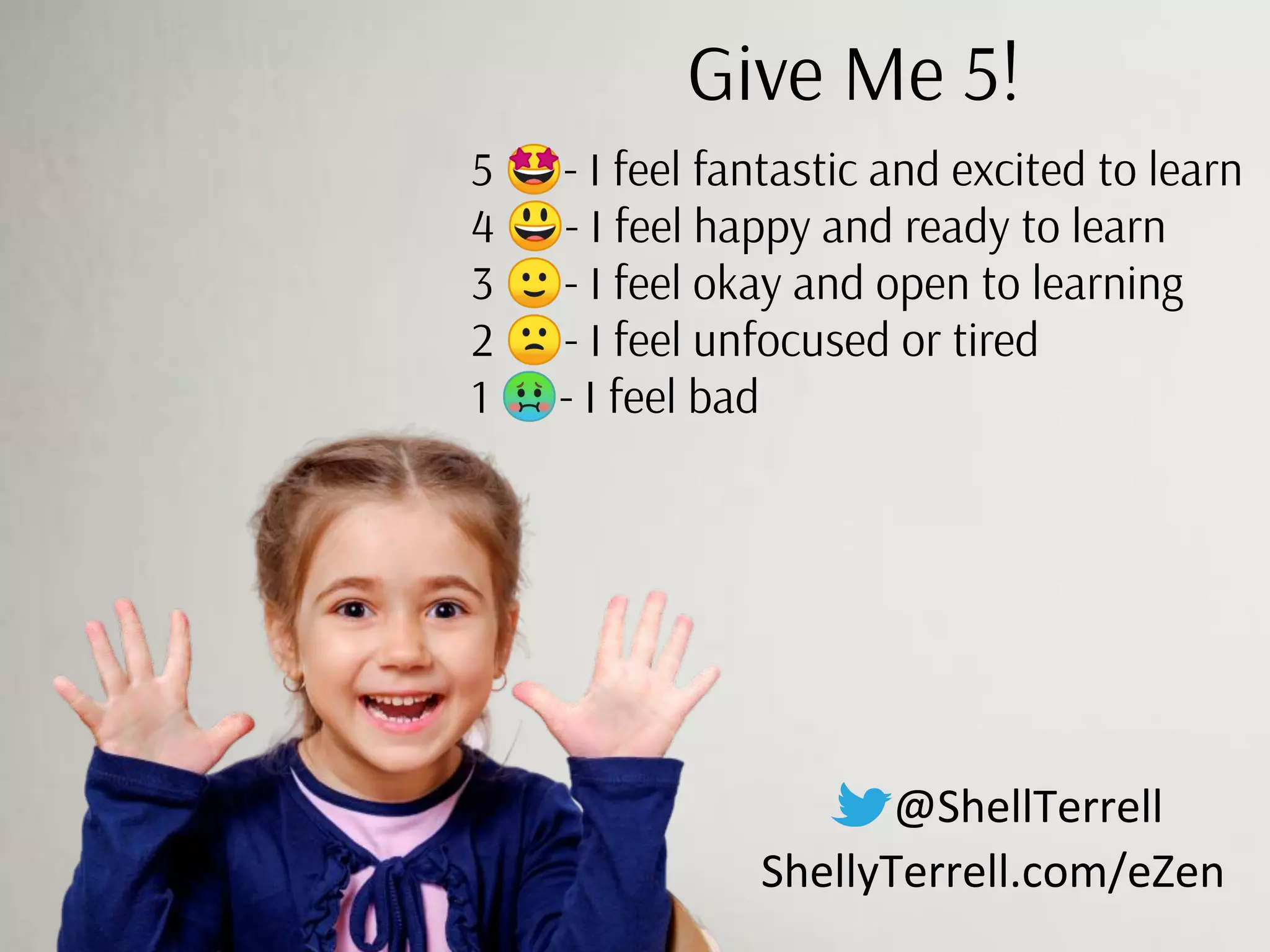 @ShellTerrell
ShellyTerrell.com/eZen
Give Me 5!
5 🤩- I feel fantastic and excited to learn
4 😃- I feel happy and ready to learn
3 🙂- I feel okay and open to learning
2 🙁- I feel unfocused or tired
1 🤢- I feel bad
 