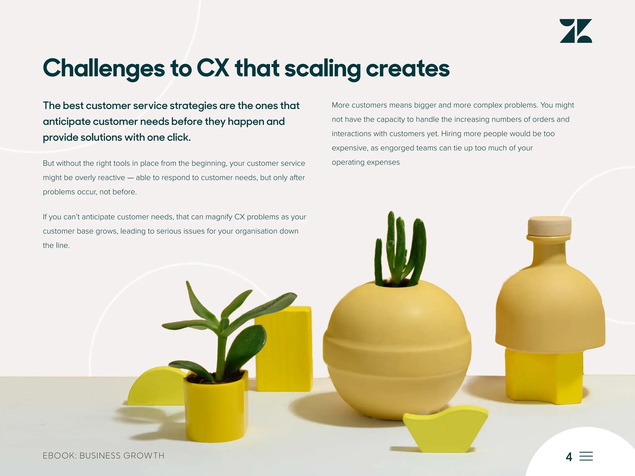 4
EBOOK: BUSINESS GROWTH
Challenges to CX that scaling creates
The best customer service strategies are the ones that
anticipate customer needs before they happen and
provide solutions with one click.
But without the right tools in place from the beginning, your customer service
might be overly reactive — able to respond to customer needs, but only after
problems occur, not before.
If you can’t anticipate customer needs, that can magnify CX problems as your
customer base grows, leading to serious issues for your organisation down
the line.
More customers means bigger and more complex problems. You might
not have the capacity to handle the increasing numbers of orders and
interactions with customers yet. Hiring more people would be too
expensive, as engorged teams can tie up too much of your
operating expenses
 