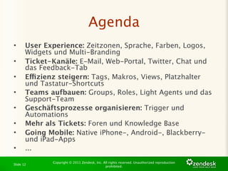 Agenda
•      User Experience: Zeitzonen, Sprache, Farben, Logos,
       Widgets und Multi-Branding
•      Ticket-Kanäle: E-Mail, Web-Portal, Twitter, Chat und
       das Feedback-Tab
•      Effizienz steigern: Tags, Makros, Views, Platzhalter
       und Tastatur-Shortcuts
•      Teams aufbauen: Groups, Roles, Light Agents und das
       Support-Team
•      Geschäftsprozesse organisieren: Trigger und
       Automations
•      Mehr als Tickets: Foren und Knowledge Base
•      Going Mobile: Native iPhone-, Android-, Blackberry-
       und iPad-Apps
•      ...
              Copyright © 2011 Zendesk, Inc. All rights reserved. Unauthorized reproduction
Slide 12
                                              prohibited.
 