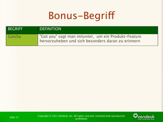 Bonus-Begriff
BEGRIFF     DEFINITION

Gotcha      "Got you" sagt man mitunter, um ein Produkt-Feature
            hervorzuheben und sich besonders daran zu erinnern




           Copyright © 2011 Zendesk, Inc. All rights reserved. Unauthorized reproduction
Slide 17
                                           prohibited.
 