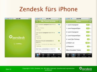 Zendesk fürs iPhone




            Copyright © 2011 Zendesk, Inc. All rights reserved. Unauthorized reproduction
Slide 19
                                            prohibited.
 