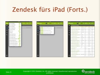 Zendesk fürs iPad (Forts.)




              Copyright © 2011 Zendesk, Inc. All rights reserved. Unauthorized reproduction
Slide 25
                                              prohibited.
 