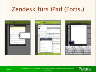 Zendesk fürs iPad (Forts.)




              Copyright © 2011 Zendesk, Inc. All rights reserved. Unauthorized reproduction
Slide 26
                                              prohibited.
 