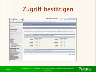 Zugriff bestätigen




           Copyright © 2011 Zendesk, Inc. All rights reserved. Unauthorized reproduction
Slide 30
                                           prohibited.
 